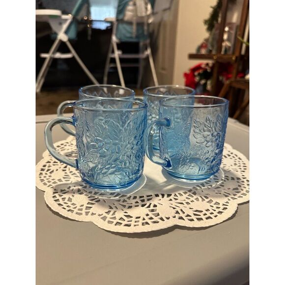 Vintage Kig Indonesia Glass Mugs - Set of 4, Ice Blue, Embossed Fruit GREAT USED - Picture 3 of 9